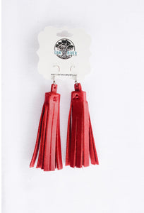 Red Leather Tassel Earrings-Pom-Pom