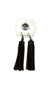 Chocolate Brown Leather Tassel Earrings-Pom-Pom