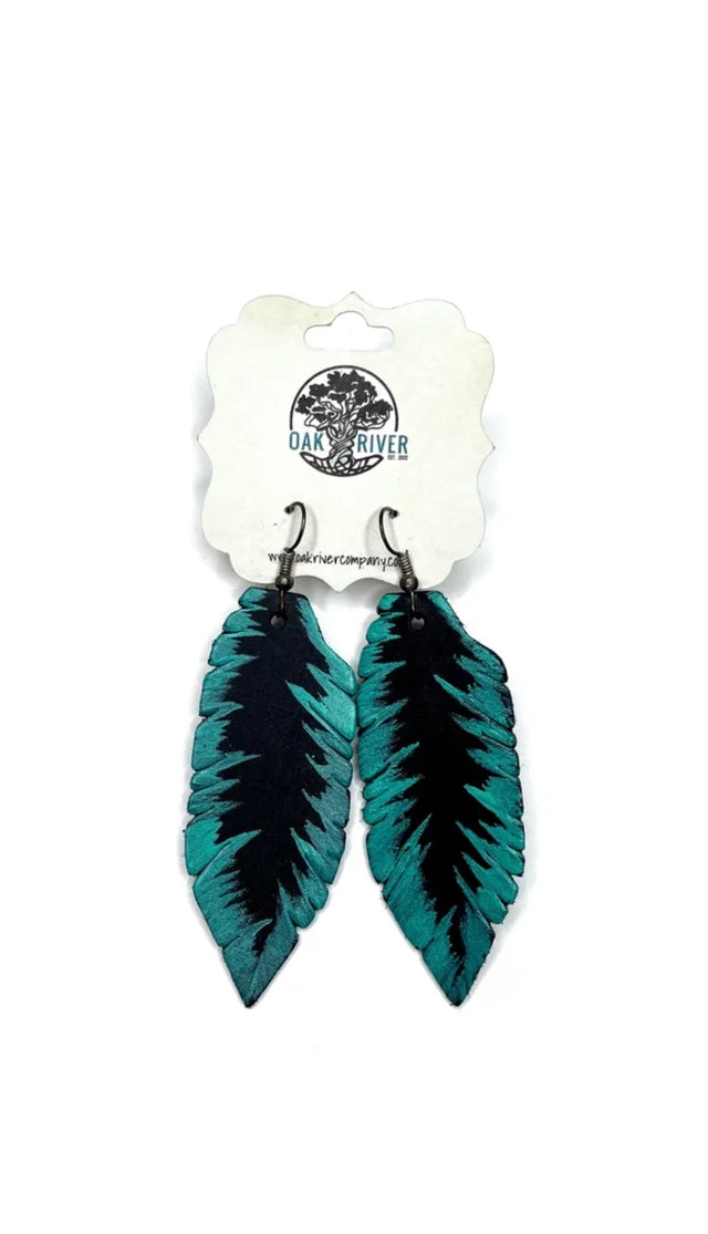 Black w/Turquoise Hand-painted Leather Feather Earrings
