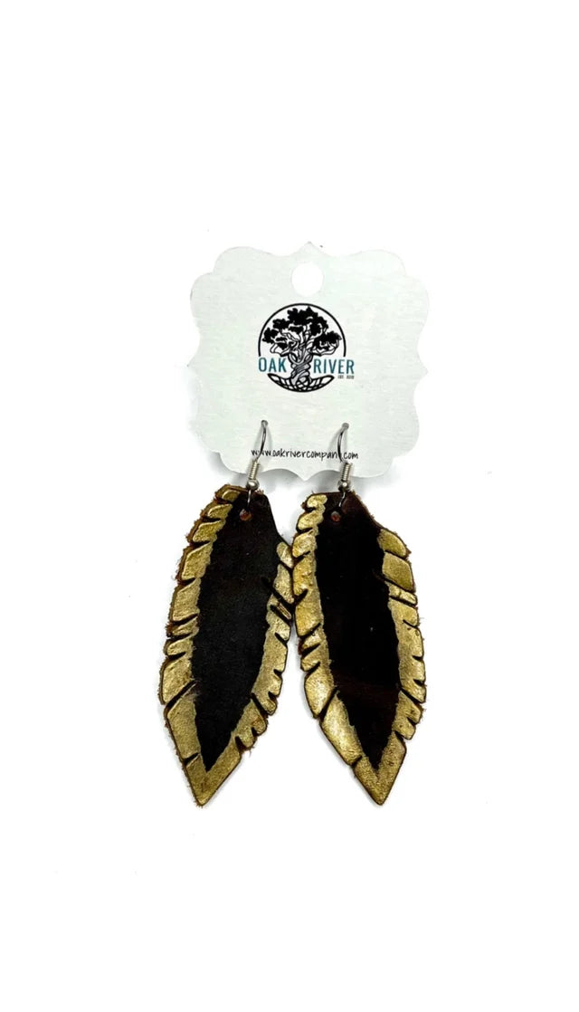 Chocolate Brown w/Gold Hand-painted Leather Feather Earrings