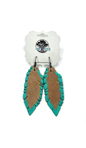 Natural w/Turquoise Hand-painted Leather Feather Earrings