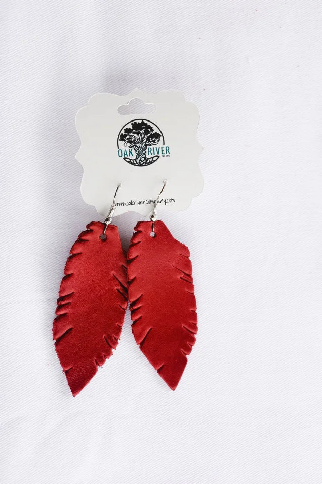 Red Hand-painted Leather Feather Earrings