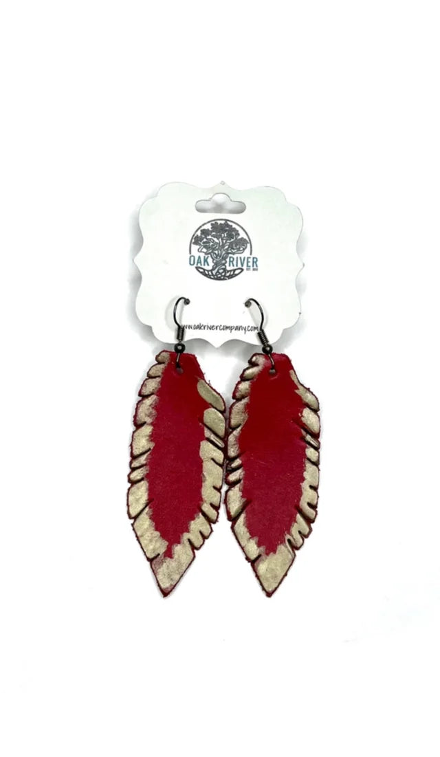 Red w/Gold Hand-painted Leather Feather Earrings